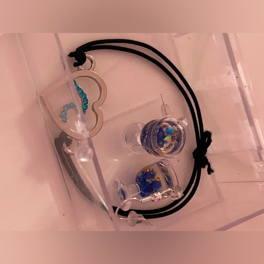 Bracelet and earring set sterling silver cups with blue or red glitter